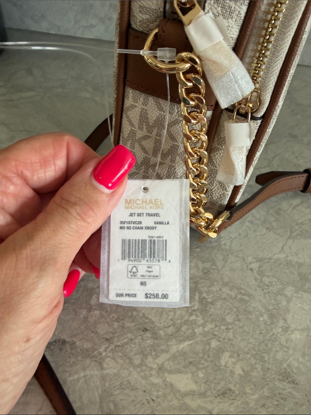 Michael Kors Neutral MK Logo Compact Crossbody with Brown Trim - Picture 4 of 4
